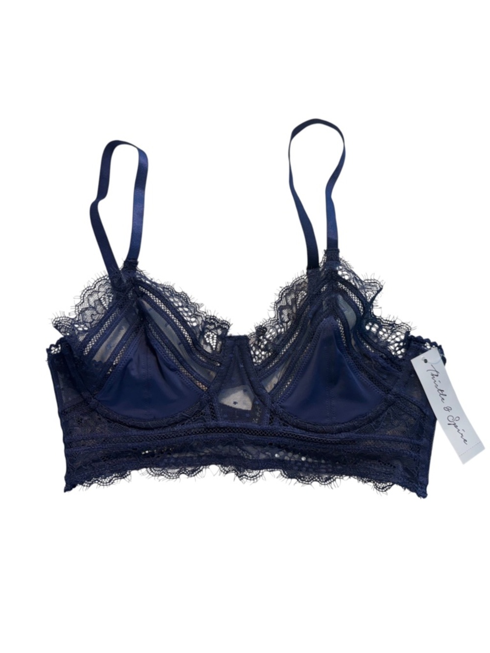 THISTLE & SPIRE NWT Navy Blue Eyelash Lace Swiss Dot Longline Bra 34C $62